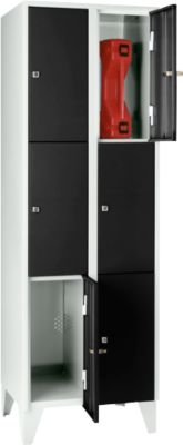 Vakkenkast 300 mm, 2 compartimenten, 6 vakken, veiligheidscilinderslot, poot, diepzwart