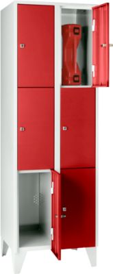 Vakkenkast 300 mm, 2 compartimenten, 6 vakken, veiligheidscilinderslot, poot, vuurrood