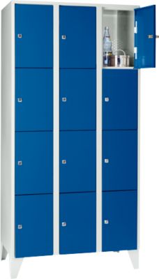 Vakkenkast 300 mm, 3 afdelingen, 12 vakken, veiligheidscilinderslot, poot, gentiaanblauw