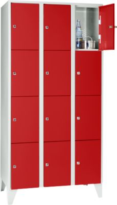 Vakkenkast 300 mm, 3 compartimenten, 12 vakken, veiligheidscilinderslot, poot, vuurrood