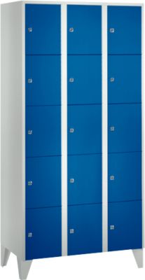 Vakkenkast 300 mm, 3 compartimenten, 15 vakken, veiligheidscilinderslot, poot, gentiaanblauw