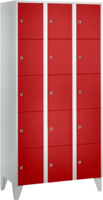 Vakkenkast 300 mm, 3 compartimenten, 15 vakken, veiligheidscilinderslot, poot, vuurrood