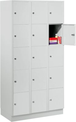Vakkenkast 300 mm, 3 compartimenten, 15 vakken, veiligheidscilinderslot, sokkel, lichtgrijs