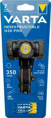 VARTA Indestructible H20 Pro LED-Kopfleuchte, 2 Leuchtmodi, verstellbar, 350 lm, inkl. Batterien
