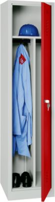 Vestiaire, 1 porte, l. 400 x H 1800 mm, serrure à cylindre, gris clair/rouge