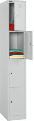 Vestiaire, 1 x 4 compartiments, 4 portes, 3 étagères, l. 300 x P 457 x H 1800 mm, tôle d'acier de qualité, verrouillable