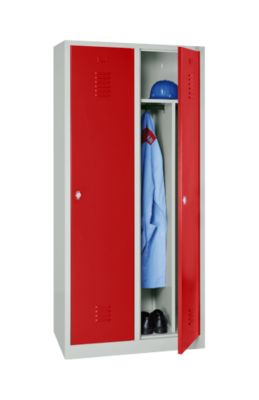 Vestiaire, 2 portes, l. 800 x H 1800 mm, serrure à came batteuse, gris clair/rouge feu