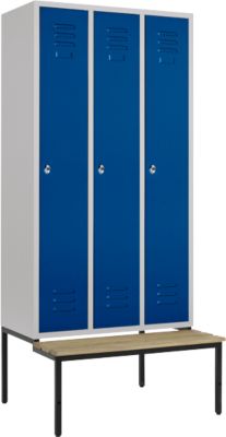 Vestiaire, 3 compartiments, 300 mm, serrure à came batteuse, avec banc, porte bleu gentiane