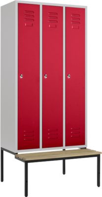 Vestiaire, 3 compartiments, 300 mm, serrure à came batteuse, avec banc, porte rouge rubis