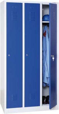 Vestiaire, 3 portes, l. 900 x H 1800 mm, serrure à cylindre, gris clair/bleu