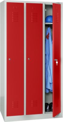 Vestiaire, 3 portes, l. 900 x H 1800 mm, serrure à cylindre, gris clair/rouge