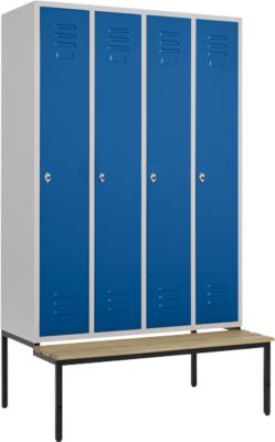 Vestiaire, 4 compartiments, 300 mm, serrure à came batteuse, avec banc, porte bleu gentiane