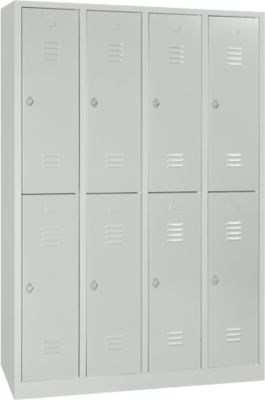 Vestiaire, 4 compartiments l'un sur l'autre, l. 1170 x H 1950 mm, serrure à came batteuse, gris clair/gris clair