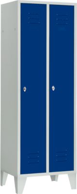 Vestiaire à 2 compartiments, L 600 x H 1800 mm, avec pieds, serrure à loquet rotatif, gris clair/bleu gentiane