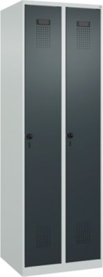 Vestiaire C+P Evolo Plus, 2 compartiments, charnières à droite, fermeture de sécurité rotative, butée soft, L 600 x P 500 x H 1850 mm, gris clair/gris anthracite