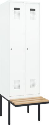 Vestiaire C+P Evolo Plus, 2 compartiments de 300 mm de large, banquette flottante, L 600 x P 815 x H 2120 mm, cylindre, blanc signalisation/blanc trafic