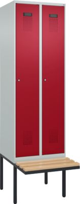 Vestiaire C+P Evolo Plus, 2 compartiments de 300 mm de large, banquette flottante, L 600 x P 815 x H 2120 mm, cylindre, gris clair/rouge rubis