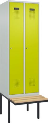 Vestiaire C+P Evolo Plus, 2 compartiments de 300 mm de large, banquette flottante, L 600 x P 815 x H 2120 mm, cylindre, gris clair/vert clown