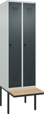 Vestiaire C+P Evolo Plus, 2 compartiments de 300 mm de large, banquette flottante, L 600 x P 815 x H 2120 mm, loquet rotatif, gris clair/gris anthracite