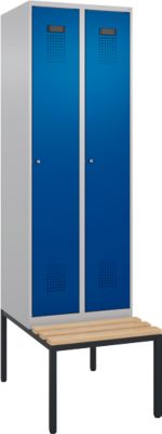 Vestiaire C+P Evolo Plus, 2 compartiments de 300 mm de large chacun, banquette sous le meuble, L 600 x P 815 x H 2120 mm, cylindre, aluminium blanc/bleu enzyme