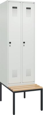 Vestiaire C+P Evolo Plus, 2 compartiments de 300 mm de large chacun, banquette sous le meuble, L 600 x P 815 x H 2120 mm, loquet rotatif, gris clair/gris clair