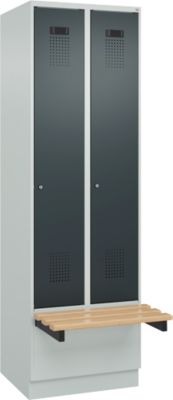 Vestiaire C+P Evolo Plus, 2 compartiments de 300 mm de large, socle, banquette flottante, L 600 x P 815 x H 1950 mm, cylindre, gris clair/gris anthracite