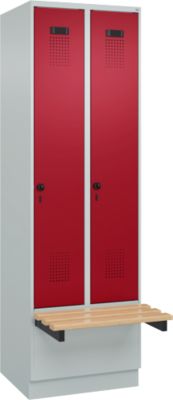 Vestiaire C+P Evolo Plus, 2 compartiments de 300 mm de large, socle, banquette flottante, L 600 x P 815 x H 1950 mm, loquet rotatif, gris clair/rouge rubis