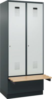 Vestiaire C+P Evolo Plus, 2 compartiments de 400 mm de large, socle, banquette flottante, L 800 x P 815 x H 1950 mm, cylindre, gris anthracite/gris clair