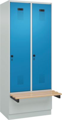 Vestiaire C+P Evolo Plus, 2 compartiments de 400 mm de large, socle, banquette flottante, L 800 x P 815 x H 1950 mm, verrou rotatif, gris clair/bleu clair