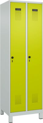Vestiaire C+P Evolo Plus, 2 compartiments, largeur 300 mm, avec pieds, verrou rotatif de sécurité, L 600 x P 500 x H 1950 mm, gris clair/vert clown