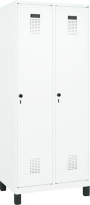 Vestiaire C+P Evolo Plus, 2 compartiments, largeur de compartiment 400 mm, avec pieds, butée à droite, butée Soft, anti-effraction, L 800 x P 500 x H 1950 mm, fermeture de sécurité à pêne rotatif, blanc trafic RAL 9016/blanc trafic RAL 9016