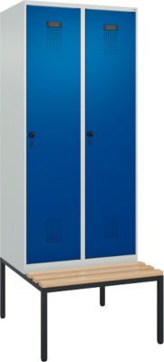 Vestiaire C+P Evolo Plus, 2 compartiments, largeur des compartiments 400 mm, avec banc encastré, L 800 x P 815 x H 2120 mm, verrou rotatif, gris clair/bleu gentiane
