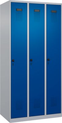 Vestiaire C+P Evolo Plus, 3 compartiments, charnières à droite, verrou rotatif de sécurité, L 900 x P 500 x H 1850 mm, aluminium blanc/bleu gentiane