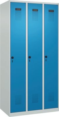 Vestiaire C+P Evolo Plus, 3 compartiments, charnières à droite, verrou rotatif de sécurité, L 900 x P 500 x H 1850 mm, gris clair/bleu clair