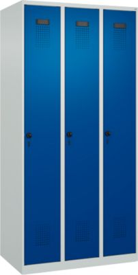 Vestiaire C+P Evolo Plus, 3 compartiments, charnières à droite, verrou rotatif de sécurité, L 900 x P 500 x H 1850 mm, gris clair/bleu gentiane