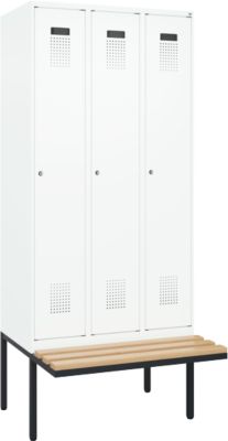 Vestiaire C+P Evolo Plus, 3 compartiments de 300 mm de large, banquette flottante, L 900 x P 815 x H 2120 mm, cylindre, blanc signalisation/blanc trafic