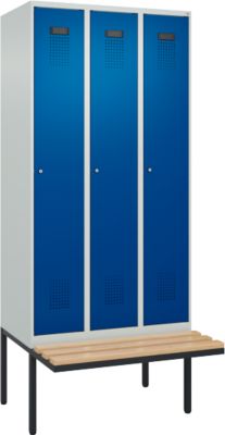 Vestiaire C+P Evolo Plus, 3 compartiments de 300 mm de large, banquette flottante, L 900 x P 815 x H 2120 mm, cylindre, gris clair/bleu gentiane