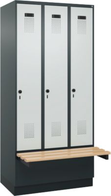 Vestiaire C+P Evolo Plus, 3 compartiments de 300 mm de large, socle, banquette flottante, L 900 x P 815 x H 1950 mm, loquet rotatif, gris anthracite/gris clair