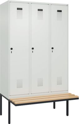 Vestiaire C+P Evolo Plus, 3 compartiments de 400 mm de large, banquette flottante, L 1200 x P 815 x H 2120 mm, verrou rotatif, gris clair/gris clair