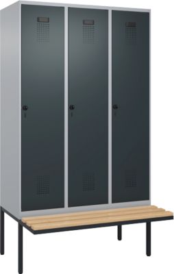 Vestiaire C+P Evolo Plus, 3 compartiments de 400 mm de large, banquette flottante, L 1200 x P 815 x H 2120 mm, verrou tournant, aluminium blanc/gris anthracite