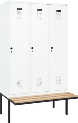 Vestiaire C+P Evolo Plus, 3 compartiments de 400 mm de large, banquette flottante, L 1200 x P 815 x H 2120 mm, verrou tournant, blanc signalisation/blanc trafic