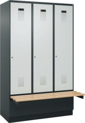 Vestiaire C+P Evolo Plus, 3 compartiments de 400 mm de large, socle, banquette flottante, L 1200 x P 815 x H 1950 mm, cylindre, gris anthracite/gris clair