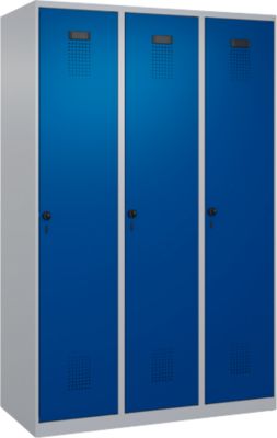 Vestiaire C+P Evolo Plus, 3 compartiments, largeur 400 mm, fermeture rotative, butée soft, L 1.200 x P 500 x H 1.850 m, aluminium blanc/bleu gentiane