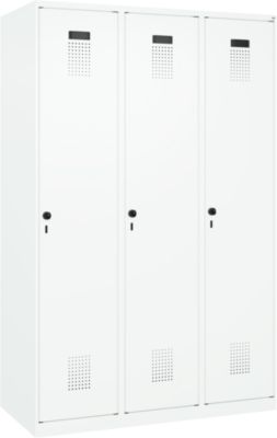 Vestiaire C+P Evolo Plus, 3 compartiments, largeur 400 mm, fermeture rotative, butée soft, L 1.200 x P 500 x H 1.850 m, blanc trafic/blanc trafic