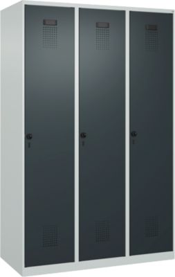 Vestiaire C+P Evolo Plus, 3 compartiments, largeur 400 mm, fermeture rotative, butée soft, L 1.200 x P 500 x H 1.850 m, gris clair/gris anthracite