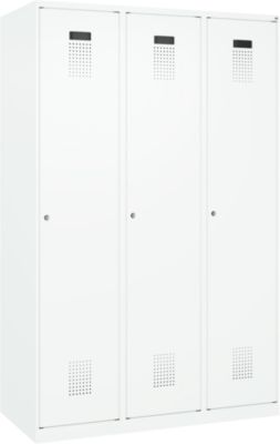 Vestiaire C+P Evolo Plus, 3 compartiments, largeur 400 mm, serrure à cylindre, butée soft, L 1.200 x P 500 x H 1.850 m, blanc trafic/blanc trafic