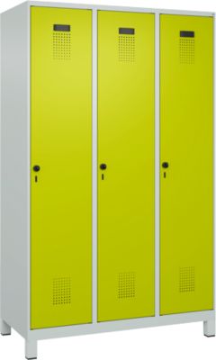 Vestiaire C+P Evolo Plus, 3 compartiments, largeur de compartiment 400 mm, avec pieds, butée à droite, butée Soft, anti-effraction, L 1200 x P 500 x H 1950 mm, fermeture de sécurité à pêne rotatif, gris clair RAL 7035/vert clown RAL 1108060