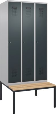 Vestiaire C+P Evolo Plus, 3 compartiments, largeur des compartiments 300 mm, avec banc encastré, L 900 x P 815 x H 2120 mm, cylindre, aluminium blanc/gris anthracite