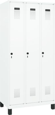 Vestiaire C+P Evolo Plus, 3 compartiments, largeur des compartiments 300 mm, avec pieds, verrou rotatif, L 900 x P 500 x H 1950 mm,blanc trafic/blanc trafic