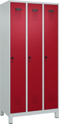 Vestiaire C+P Evolo Plus, 3 compartiments, largeur des compartiments 300 mm, avec pieds, verrou rotatif, L 900 x P 500 x H 1950 mm, gris clair/rouge rubis